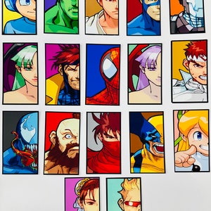 May include: A collection of 16 colorful cartoon character stickers featuring popular characters from video games, comics, and anime. The stickers are arranged in a grid pattern on a white background.