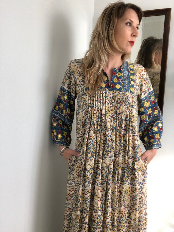 Boho 1970s Kaftan Ramona Rull Maxi Dress 100% Cott