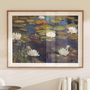Water Lilies Print, Printable Vintage Oil Painting Enhanced, Botanical Digital Print