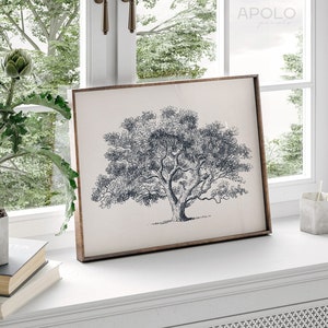 Oak Tree Drawing Print, Printable Wall Art, Vintage Tree Sketch Enhanced, Digital Farmhouse Print