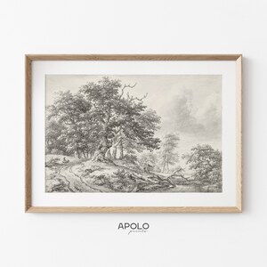 May include: A black and white pencil drawing of a woodland scene with a winding path leading to a small stream. The drawing features a large oak tree in the foreground and several smaller trees in the background.