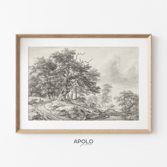 Vintage Tree Landscape Drawing: Enhanced Farmhouse Print (Digital Download)