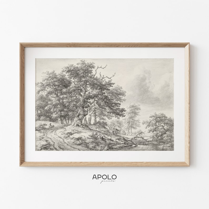 May include: A black and white pencil drawing of a woodland scene with a winding path leading to a small stream. The drawing features a large oak tree in the foreground and several smaller trees in the background.