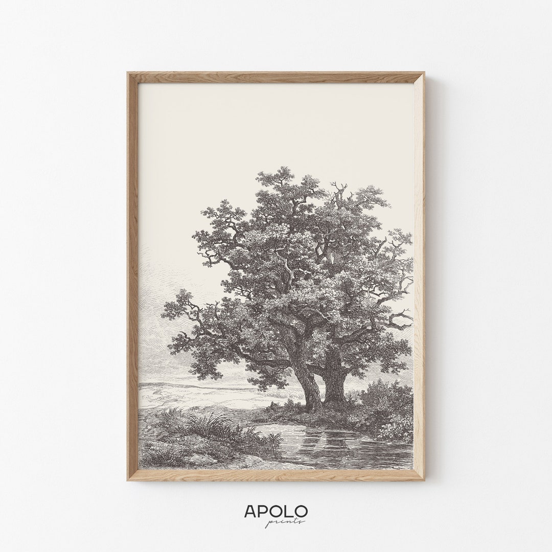 Tree Landscape Print, Printable Vintage Tree Sketch Enhanced, Neutral