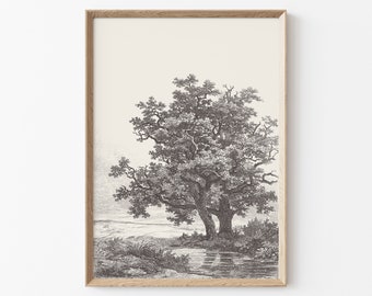 Tree Landscape Print, Printable Vintage Tree Sketch Enhanced, Neutral Wall Art, Tree beside The River Digital Print