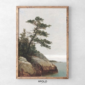Coastal Pine Tree Landscape, Printable Wall Art, Remastered Vintage Painting, Coastal Digital Print