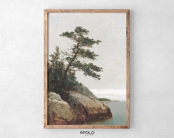 Coastal Pine Tree Landscape, Printable Wall Art, Remastered Vintage Painting, Coastal Digital Print