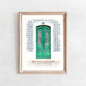 Antique Door Print (GREEN), Vintage Door Printable Art, Digital Watercolor Illustration, Downloadable Print, Rustic Wall Art