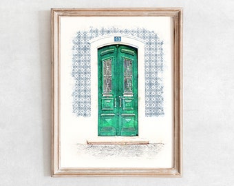 Green Door Watercolor Print: Vintage Rustic Wall Art (Digital Download)
