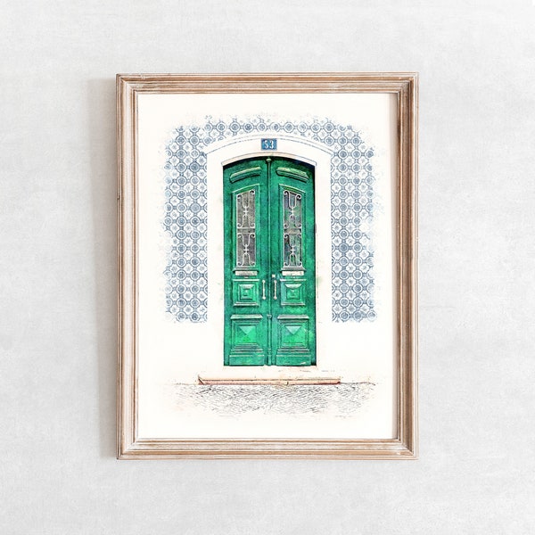 Antique Door Print (GREEN), Vintage Door Printable Art, Digital Watercolor Illustration, Downloadable Print, Rustic Wall Art