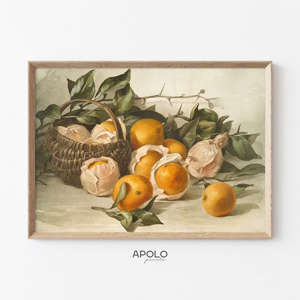 Oranges Print, Kitchen Printable Art, Fruit Still Life Painting, Vintage Watercolor Enhanced, Muted Wall Art