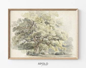 Tree Landscape Painting, Printable Vintage Watercolor Enhanced, Muted Countryside Digital Print