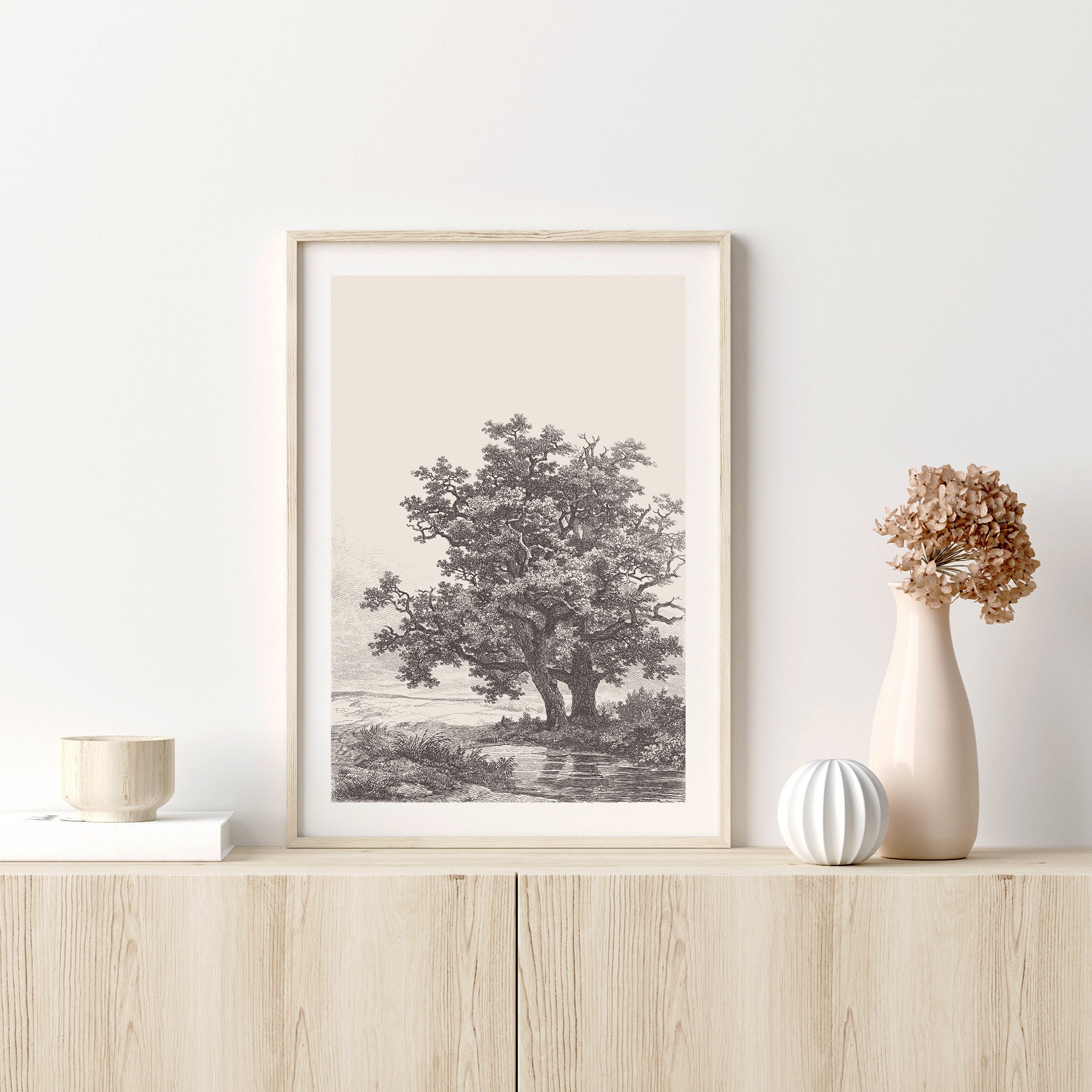 Tree Landscape Print, Printable Vintage Tree Sketch Enhanced, Neutral ...