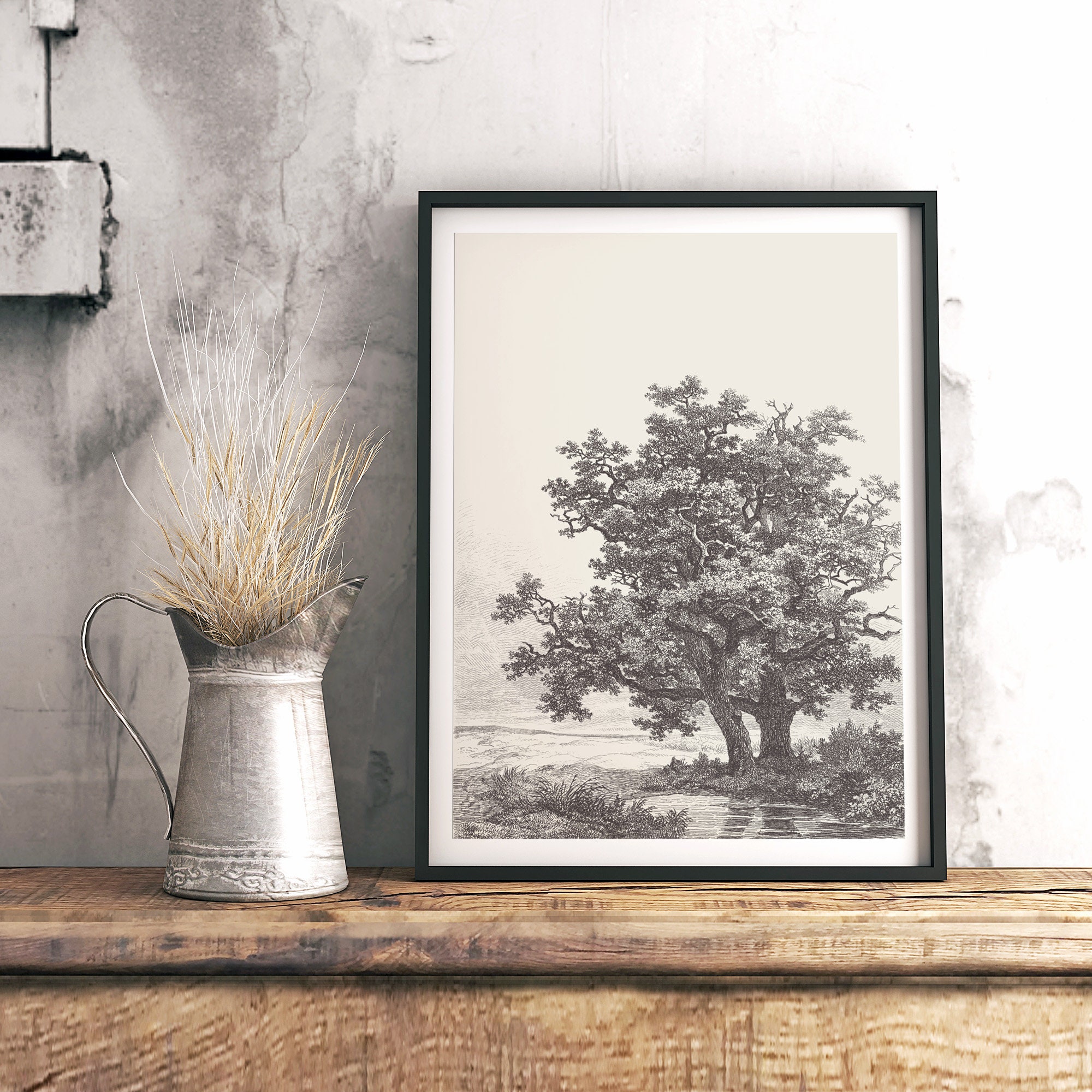 Tree Design Print Tree Landscape Print, Printable Vintage Tree Sketch Enhanced, Neutral ...