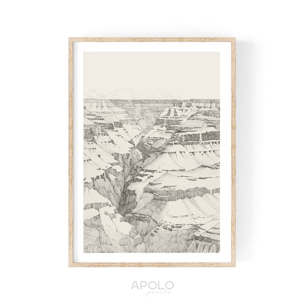 Grand Canyon Drawing Print #04, Vintage Sketch Print, Vintage Pencil Landscape Drawing, Printable Art, Farmhouse Print, Digital Download