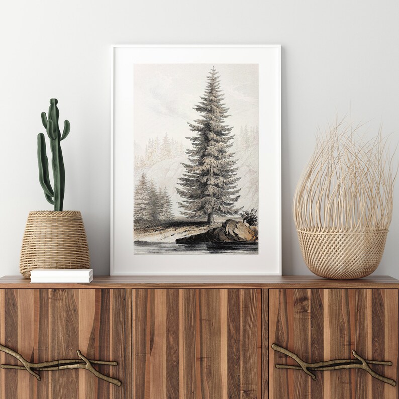Fir Tree Landscape Print #01, Vintage Drawing Printable, Farmhouse Decor, Digital Download 画像 7