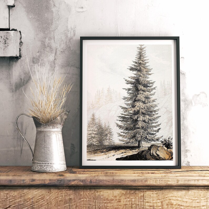 Fir Tree Landscape Print #01, Vintage Drawing Printable, Farmhouse Decor, Digital Download 画像 6