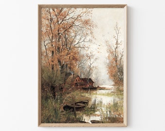 Fall Landscape Painting, Printable Vintage Oil Painting Enhanced, Autumn Landscape Digital Print