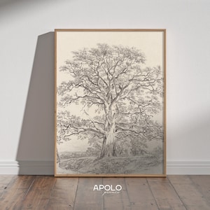 Great Oak Tree Sketch, Printable Tree Art, Vintage Drawing Enhanced, Farmhouse Wall Decor