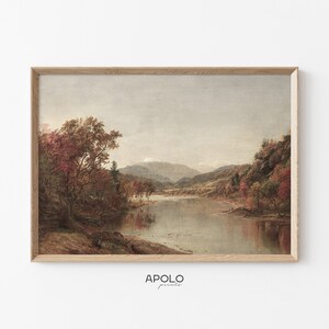 Autumn Lake Landscape Painting, Printable Vintage Oil Painting Enhanced, Rustic Country Wall Art