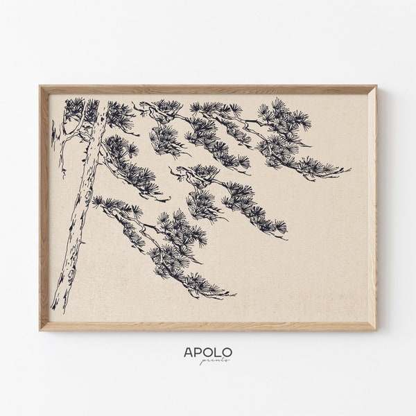 Pine Tree Branch Print no. 3, Vintage Tree Drawing Enhanced, Printable Tree Art, Downloadable Tree Sketch