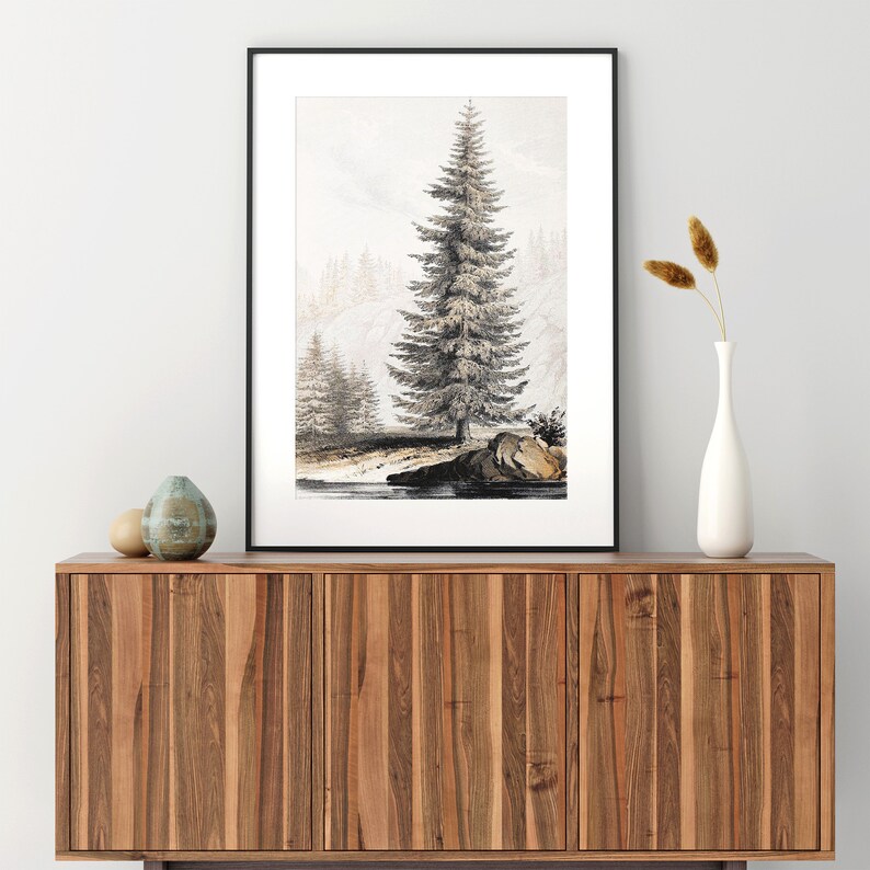 Fir Tree Landscape Print #01, Vintage Drawing Printable, Farmhouse Decor, Digital Download 画像 4