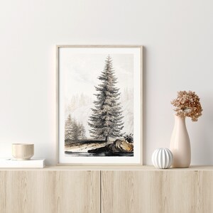 Fir Tree Landscape Print #01, Vintage Drawing Printable, Farmhouse Decor, Digital Download 画像 2