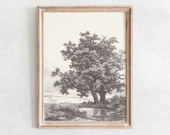 Tree Landscape Print, Printable Vintage Tree Sketch Enhanced, Neutral Wall Art, Tree beside The River Digital Print