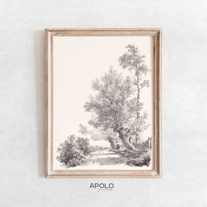 Printable Country Road Landscape, Vintage Willow Tree Drawing Enhanced, Printable Wall Art, Farmhouse Digital Print