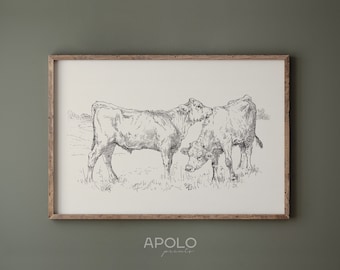 Cows Sketch Print, Farmhouse Wall Art, Vintage Drawing Enhanced, Neutral Printable Wall Art, Downloadable Print