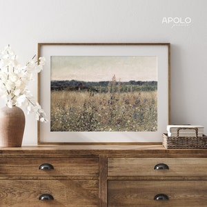 Flower Field, Printable  Painting, Country Field Wall Art, Vintage Landscape Oil Painting Enhanced