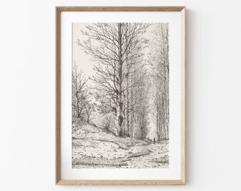 Vintage Winter Forest Sketch Print: Enhanced Landscape Drawing (Digital Download)