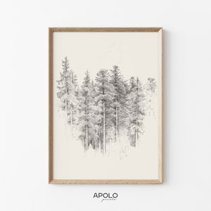 Pine Forest Sketch Print, Vintage Pine Tree Drawing Enhanced, Printable Digital Art, Farmhouse Wall Art