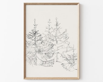 Pine Tree Sketch, Forest Printable Art, Vintage Drawing Enhanced, Farmhouse decor