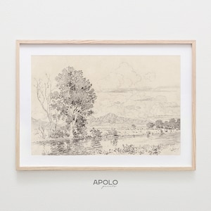 River Landscape Sketch Print, Printable Art, Vintage Charcoal Drawing Enhanced, Farmhouse Wall Decor