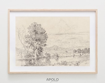 River Landscape Sketch Print, Printable Art, Vintage Charcoal Drawing Enhanced, Farmhouse Wall Decor