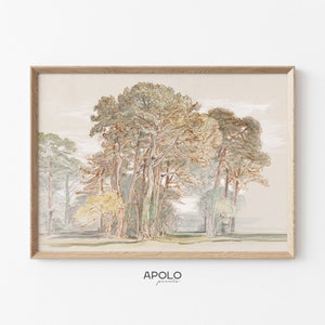 Tree Landscape Print, Printable Wall Art, Vintage Watercolor Painting Enhanced, Farmhouse Digital Print