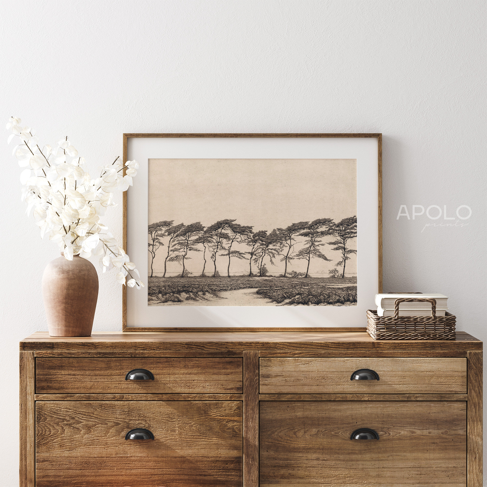 Pine Tree Landscape Print, Printable Tree Art, Vintage Tree Drawing ...