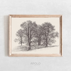 Winter Tree Sketch, Printable Tree Landscape, Vintage Watercolor Enhanced,  Neutral Wall Art, Rustic Digital Print