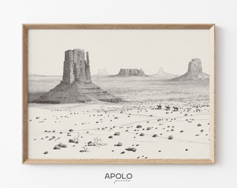 Arizona Desert Print, Printable Landscape Drawing, Vintage Sketch Enhanced, Boho Wall Art