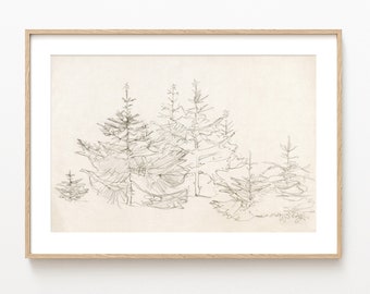 Christmas Pine Forest Study, Forest Printable Art, Vintage Drawing Enhanced, Farmhouse decor