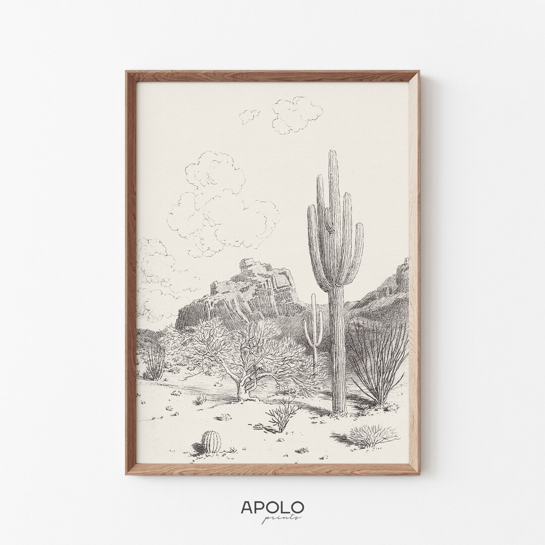 Cactus Landscape Print, Printable Arizona Desert Art, Vintage Drawing