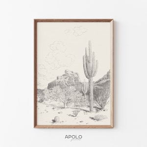 Cactus Landscape Print, Printable Arizona Desert Art, Vintage Drawing Enhanced, Digital Boho Wall Art
