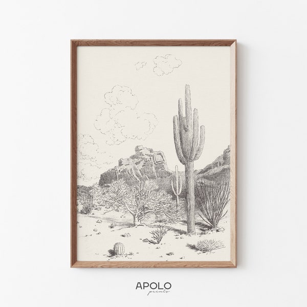 Cactus Landscape Print, Printable Arizona Desert Art, Vintage Drawing Enhanced, Digital Boho Wall Art