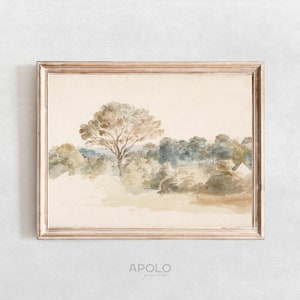 Tree Landscape Painting, Vintage Watercolor Enhanced, Rustic Printable Art, Neutral Wall Art, Farmhouse Digital Print