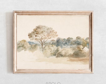 Tree Landscape Painting, Vintage Watercolor Enhanced, Rustic Printable Art, Neutral Wall Art, Farmhouse Digital Print