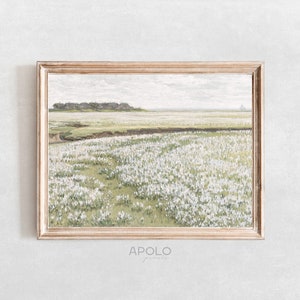 Flower Field Painting, Printable Vintage Meadow Landscape Painting Enhanced, Muted Digital Print