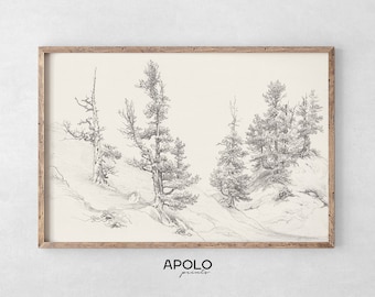Pine Forest Sketch Print no. 2, Vintage Pine Tree Drawing Enhanced, Printable Wall Art, Farmhouse Digital Print