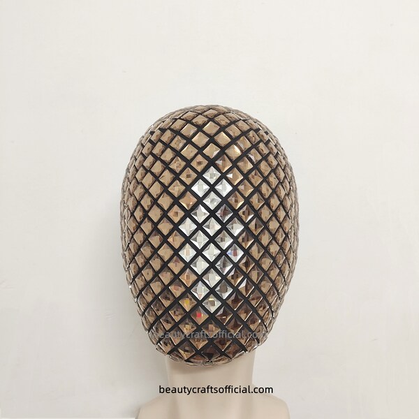 Unique Design Square Jewels Full Face Mask, Handmade Full Coverage Haute Couture Stones Mask Covered in Brown and White Square Diamond