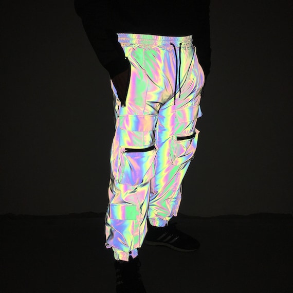 Holographic Men's Reflective Rainbow Pants, Reflective Cargo Pants,  Psychedelic Multi-pocket Pants, Rave Outfit Concert Clothing 